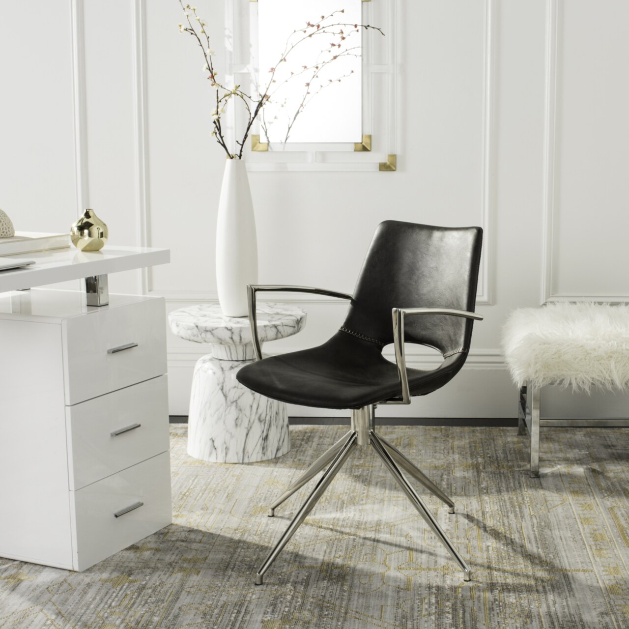 Safavieh   Dawn Mid-Century Modern Leather Swivel Office Chair Grey / Silver